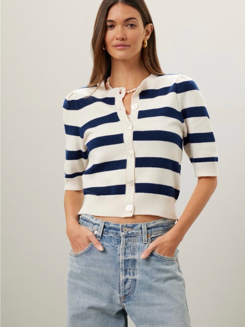 Baum und Pferdgarten Cropped Striped Short-Sleeve Cardigan - Navy & Cream